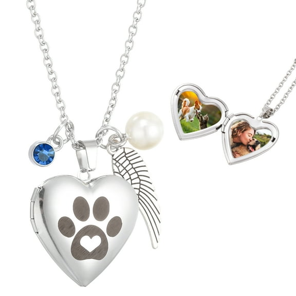 Uxcell Dog Paw Locket Pendant for Women, Stainless Steel Paw Print Heart Photo Locket Pendant with March Light Blue Birthstone, Wing, Pearl and Gift Box for Dog Cat Lovers Gifts