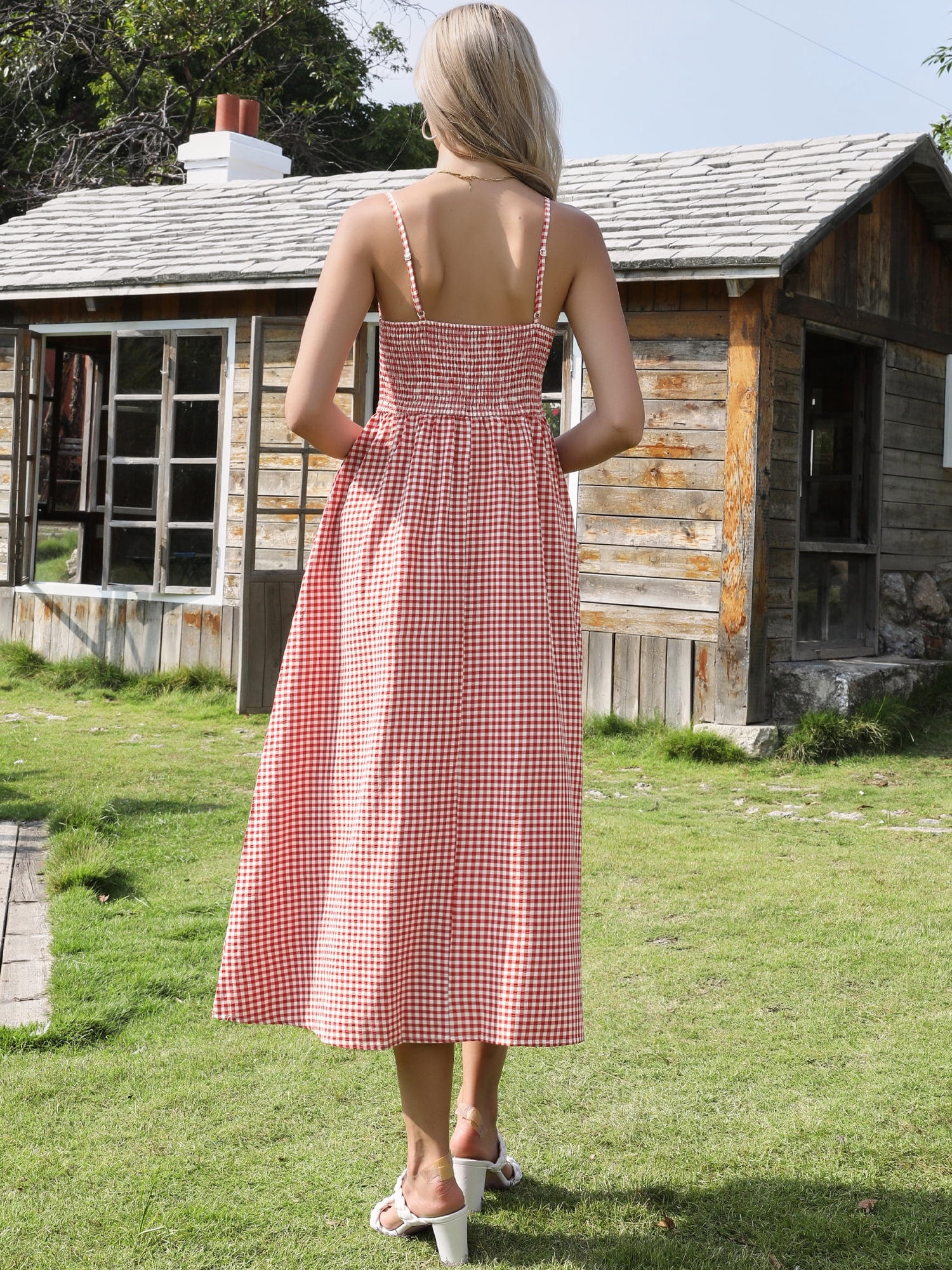 DARING DIVA Women's Gingham Spaghetti Strap Flowy Plaid Smocked Dress XL Red