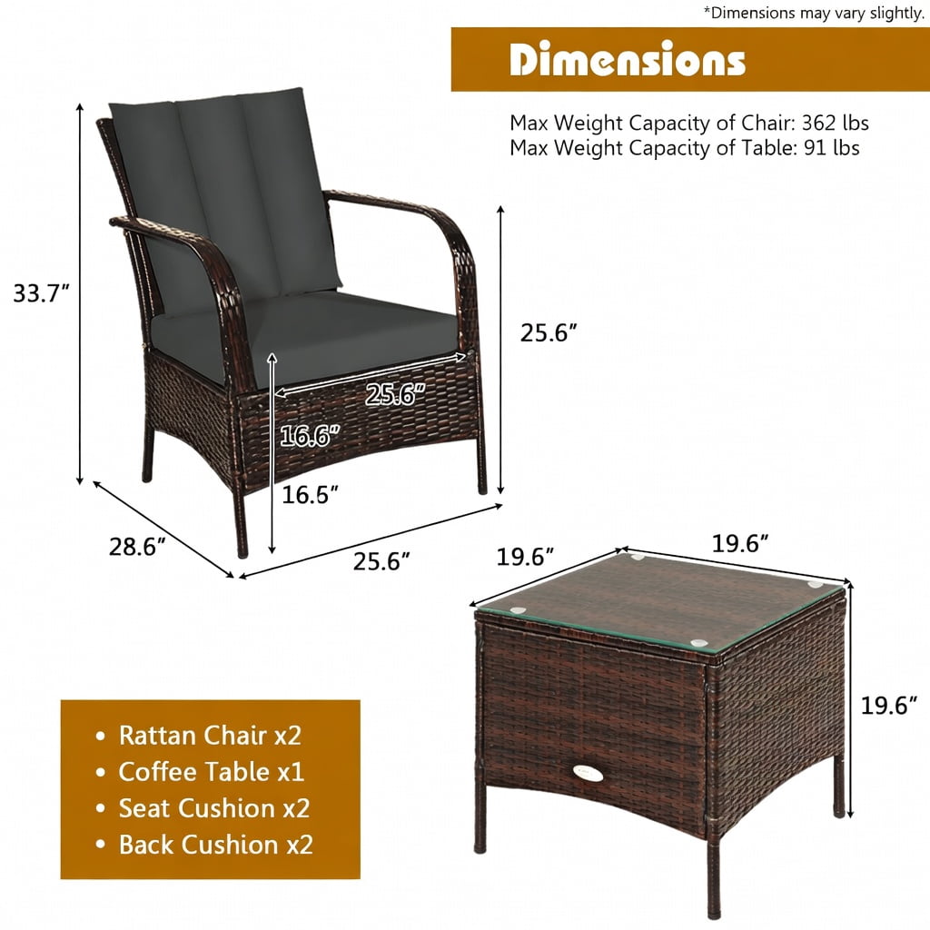 Hommoo 3-Piece Outdoor Rattan Patio Furniture Set with Tempered Glass Coffee Table & Weather-Resistant Cushions, Gray