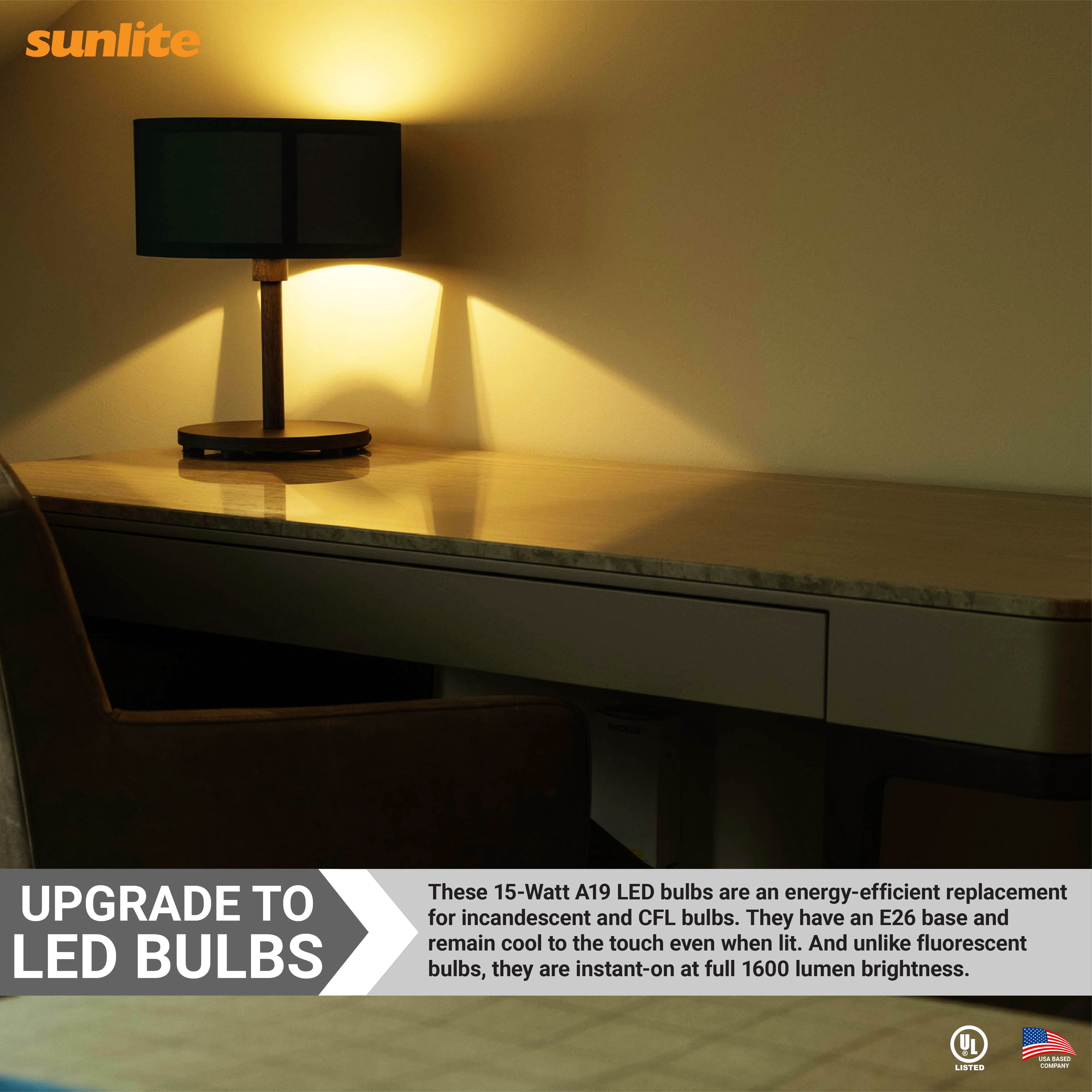 Sunlite LED A19 Light Bulb, 15 Watts (100 Watt Equivalent), 1600 Lumens, 120 Volts, Dimmable, Medium E26 Base, UL Listed, 3000K Warm White, 6 Pack