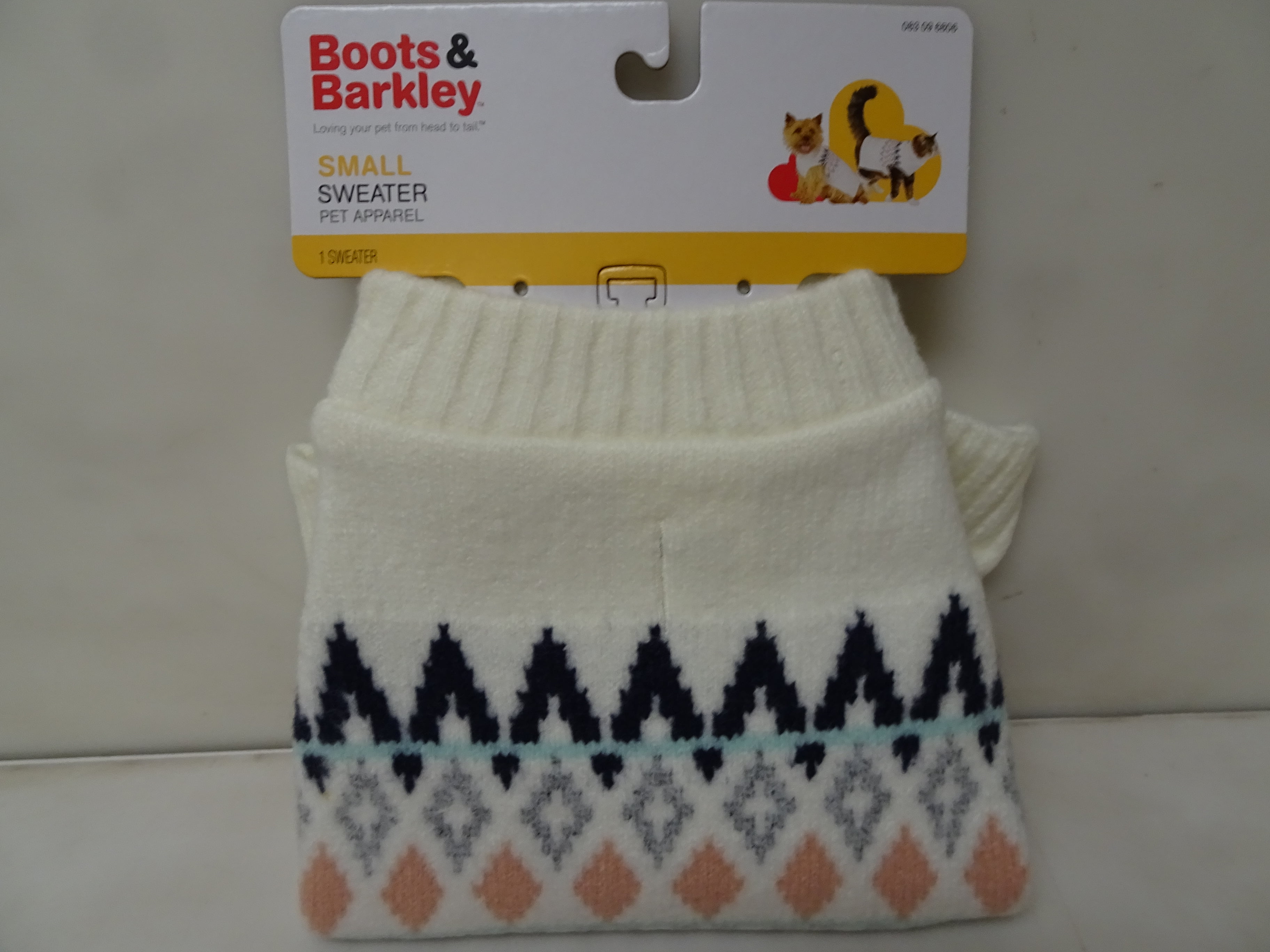 Boots & Barkley Small Pet Sweater Cream/White With Diamond Pattern