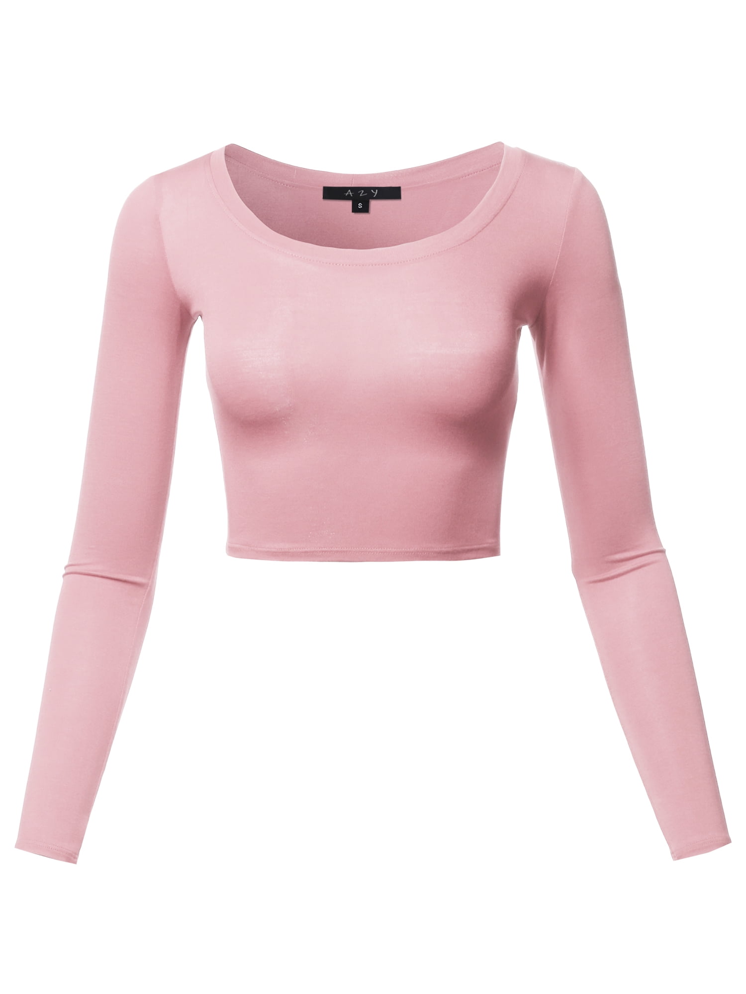 A2Y Women's Basic Solid Stretchable Scoop Neck Long Sleeve Crop Top ...