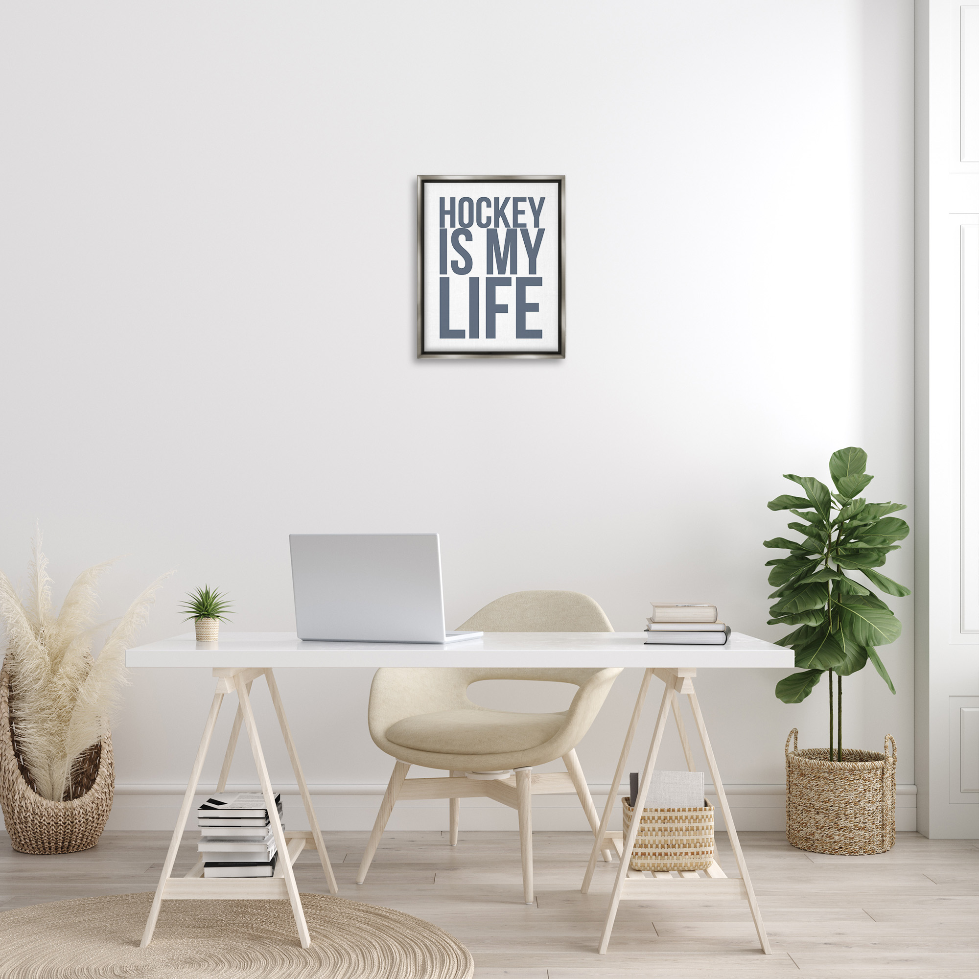 Stupell Industries Hockey Is Life Sports Painting Gray Floater Framed Canvas Art Print Wall Art, 17 x 21