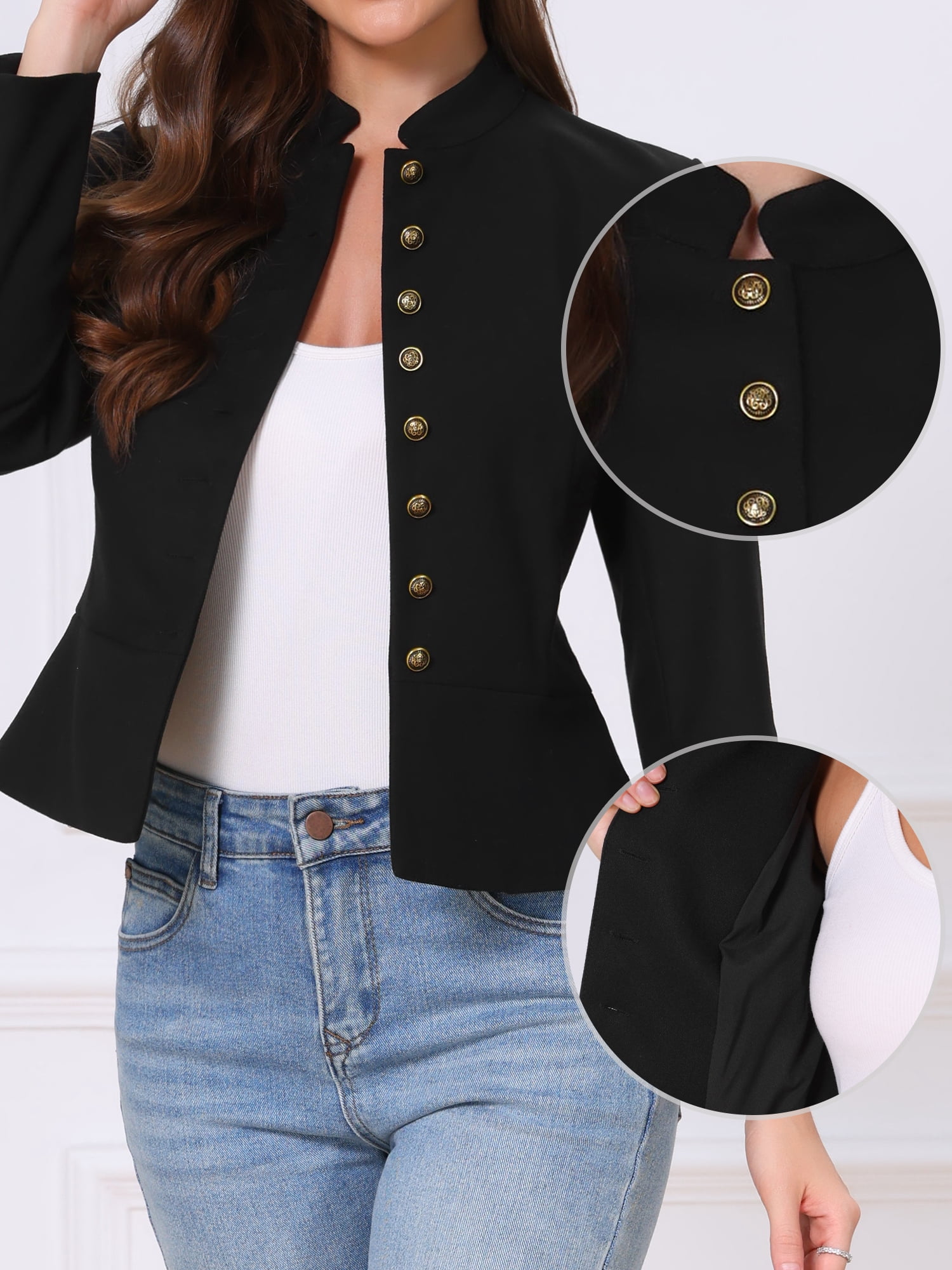 DARING DIVA Women's Blazer Classic Button Stand Collar Blazer M Black