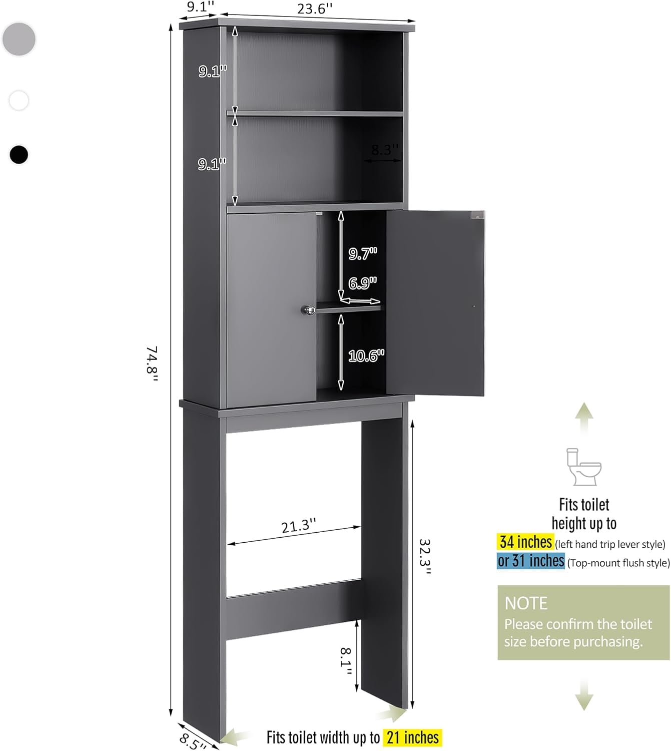 JessieMal Over the Toilet Storage Cabinet for Bathroom, 75in Over Toilet Cabinet Freestanding Storage Organizer, Space Saver with Doors and Adjustable Shelf, Grey