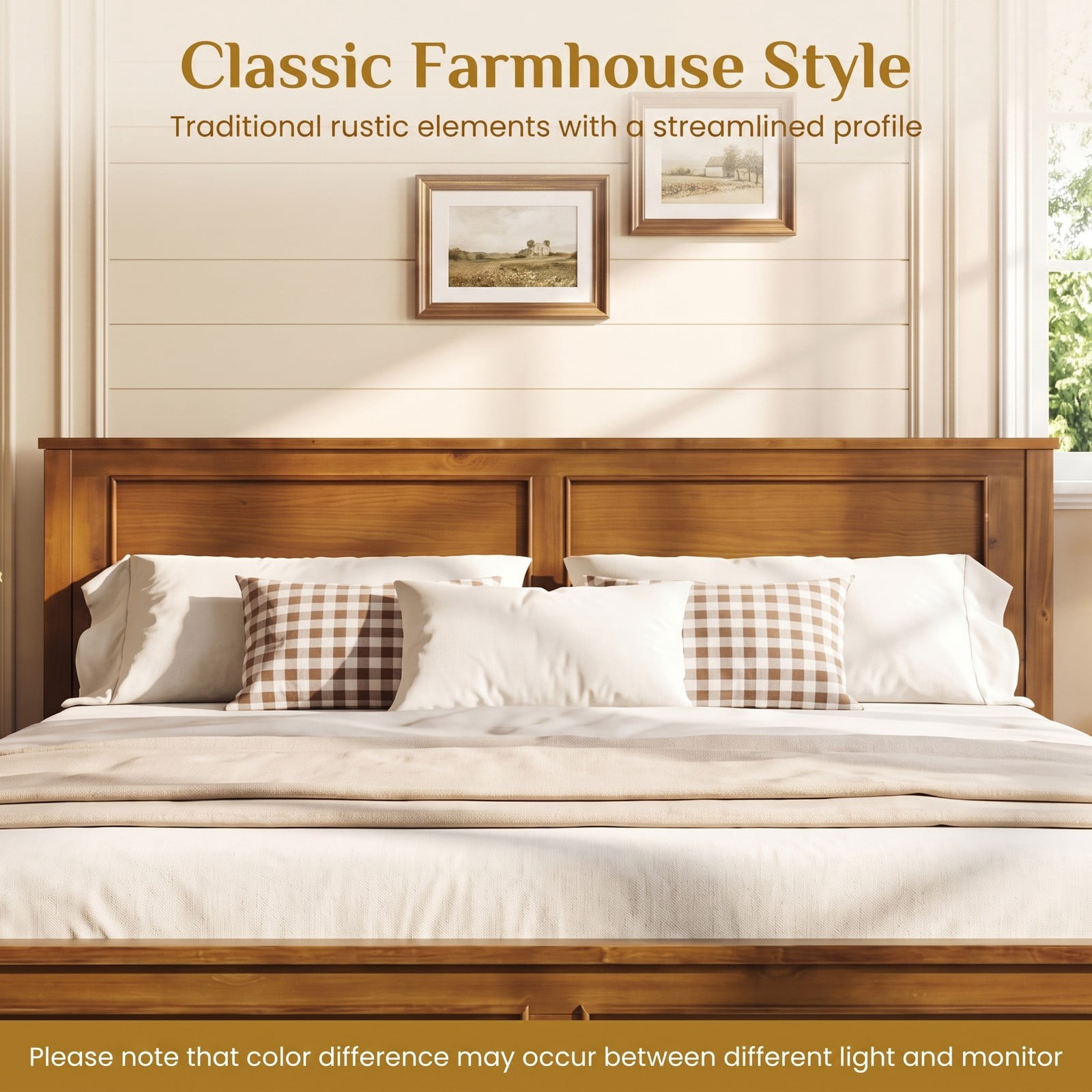Furnibear Full Size Bed Frame Wood Platform Bed Frame with Raised Panel Headboard and Footboard and Slat Support, Walnut