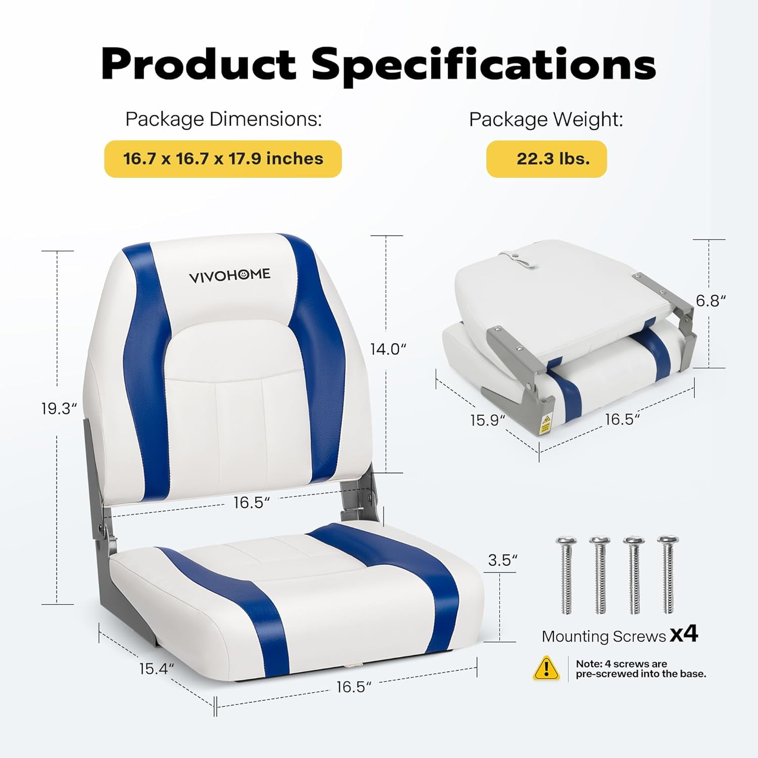SPECSTAR Folding Low Back Boat Seats 2 Pack, Waterproof Boat Captain Chairs, 4 Mounting Screws Included, White and Blue