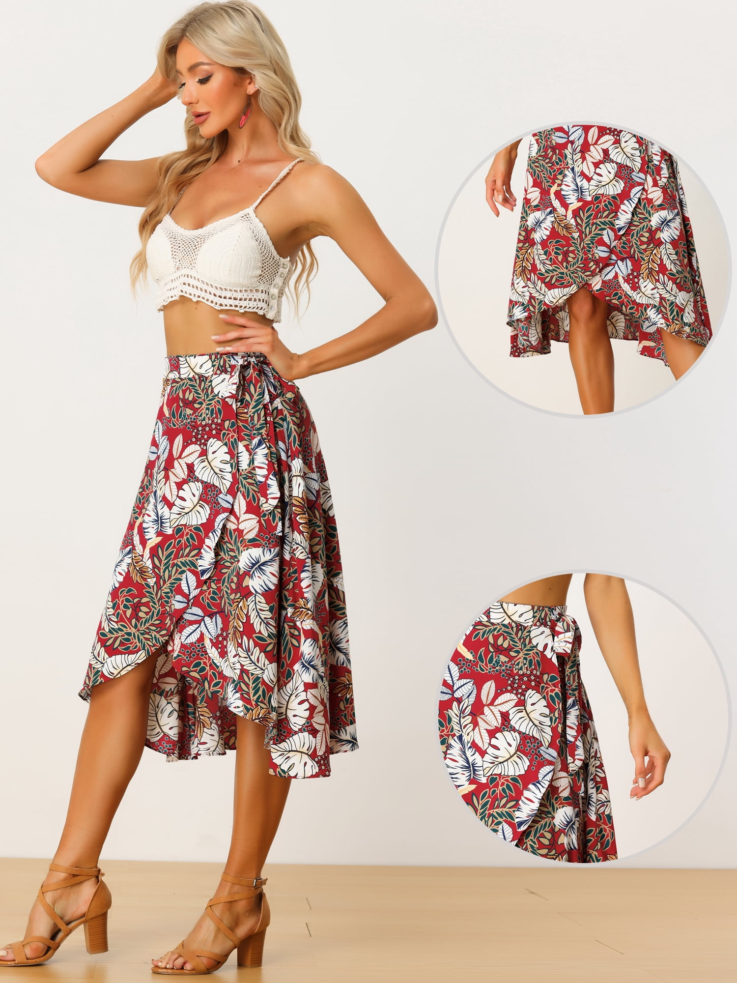 DARING DIVA Women's Floral Tropical Boho Midi Wrap Skirt L Red