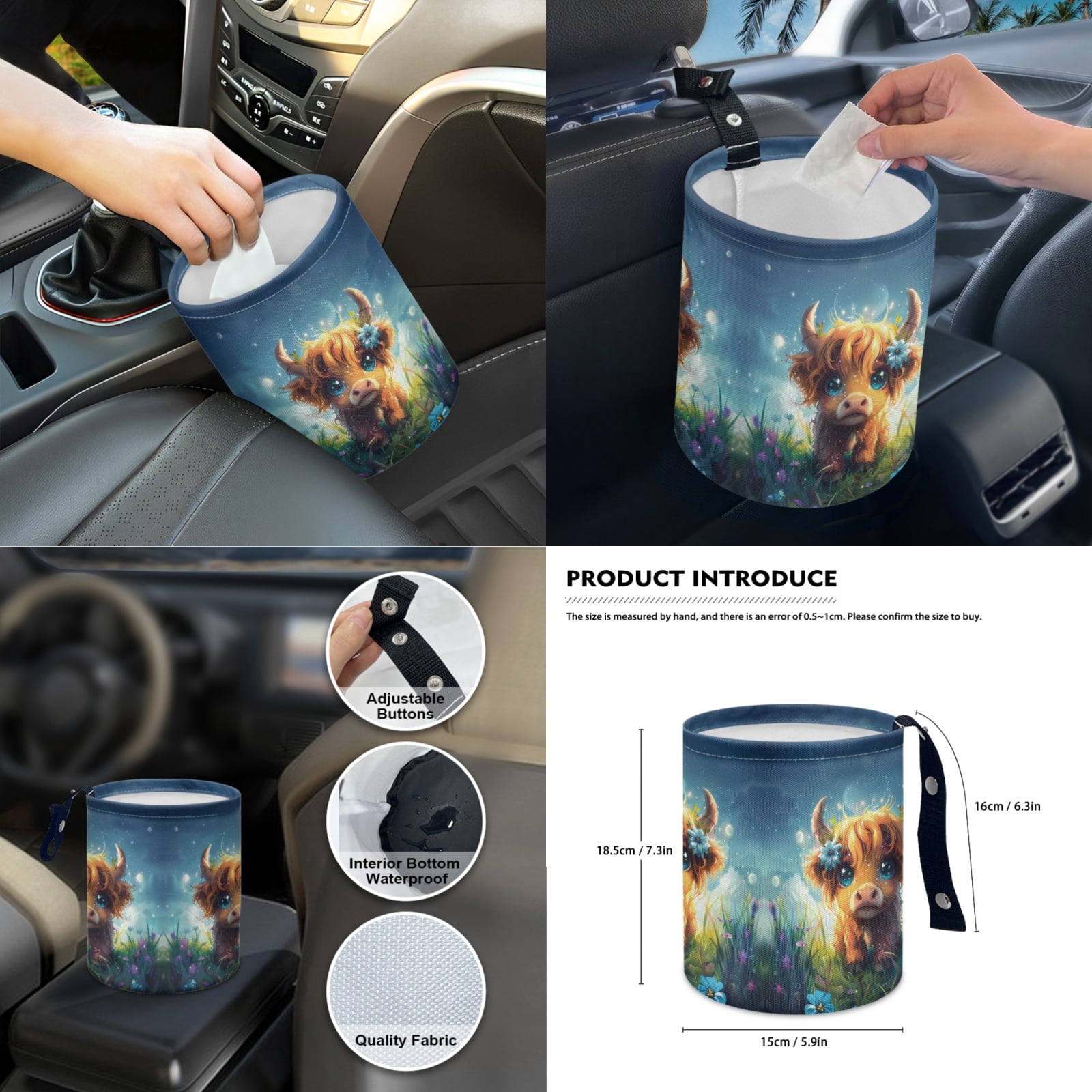 Yuyamidu Highland Cow Car Seat Covers Set 14pcs Cute Auto Seat Protector with Steering Wheel Cover Seat Belt Pads Garbage Bag Armrest Cover Handbrake Cover Set Rear View Mirror Protector Coasters