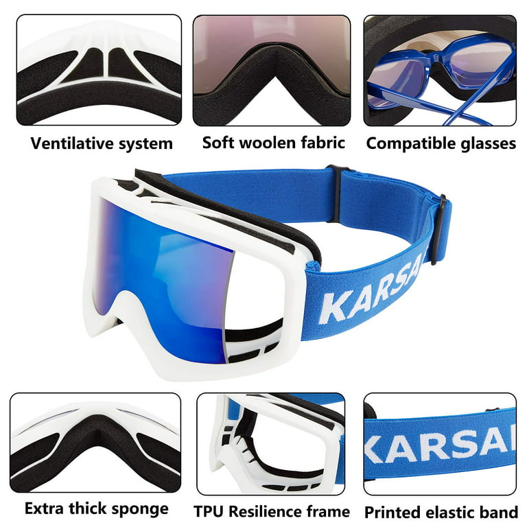 Karsaer Ski Goggles Anti-Fog Snow Goggles OTG 100% UV Protection Snowboard Goggles Bendable Dual-Lenses for Men Women Youth