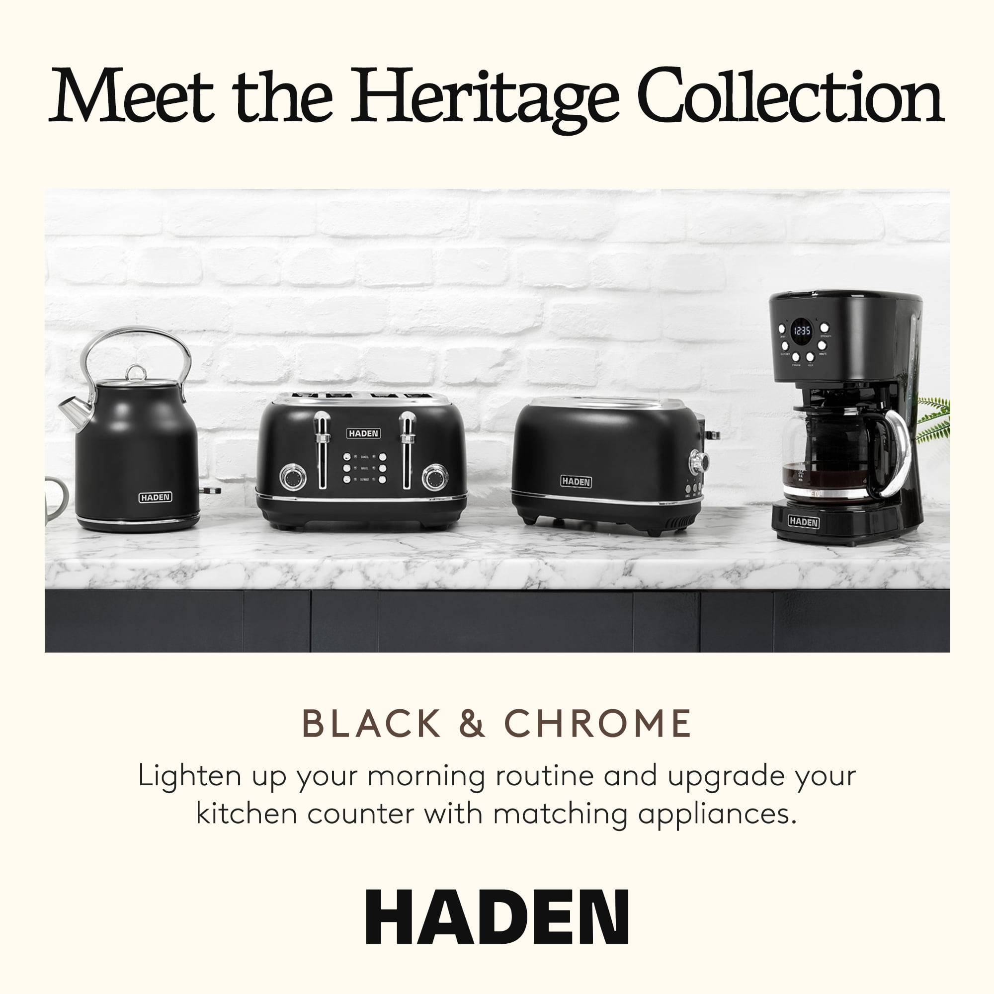Haden Heritage 4 Slice Wide Slot Toaster & Coffee Maker, Black & Chrome