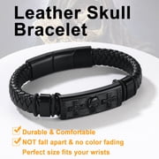 U7 Punk Men Boy Bracelet Genuine Leather Cross Skull Black Bracelet Adjutable Stainless Steel Wristband for Father's Day Gift,19cm/7.5 Inch