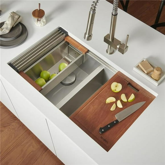 Ruvati USA RVH8351 33 in. Workstation Ledge Rounded Corners 50-50 Double Bowl Undermount Kitchen Sink