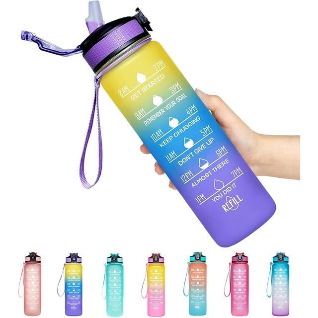 Botella de agua potable a prueba de fugas de 32 oz con marcador de tiempo y pajita para garantizar que beba suficiente agua durante todo el día para los entusiastas del ejercicio y el aire libre Adepaton LRWJ259-3