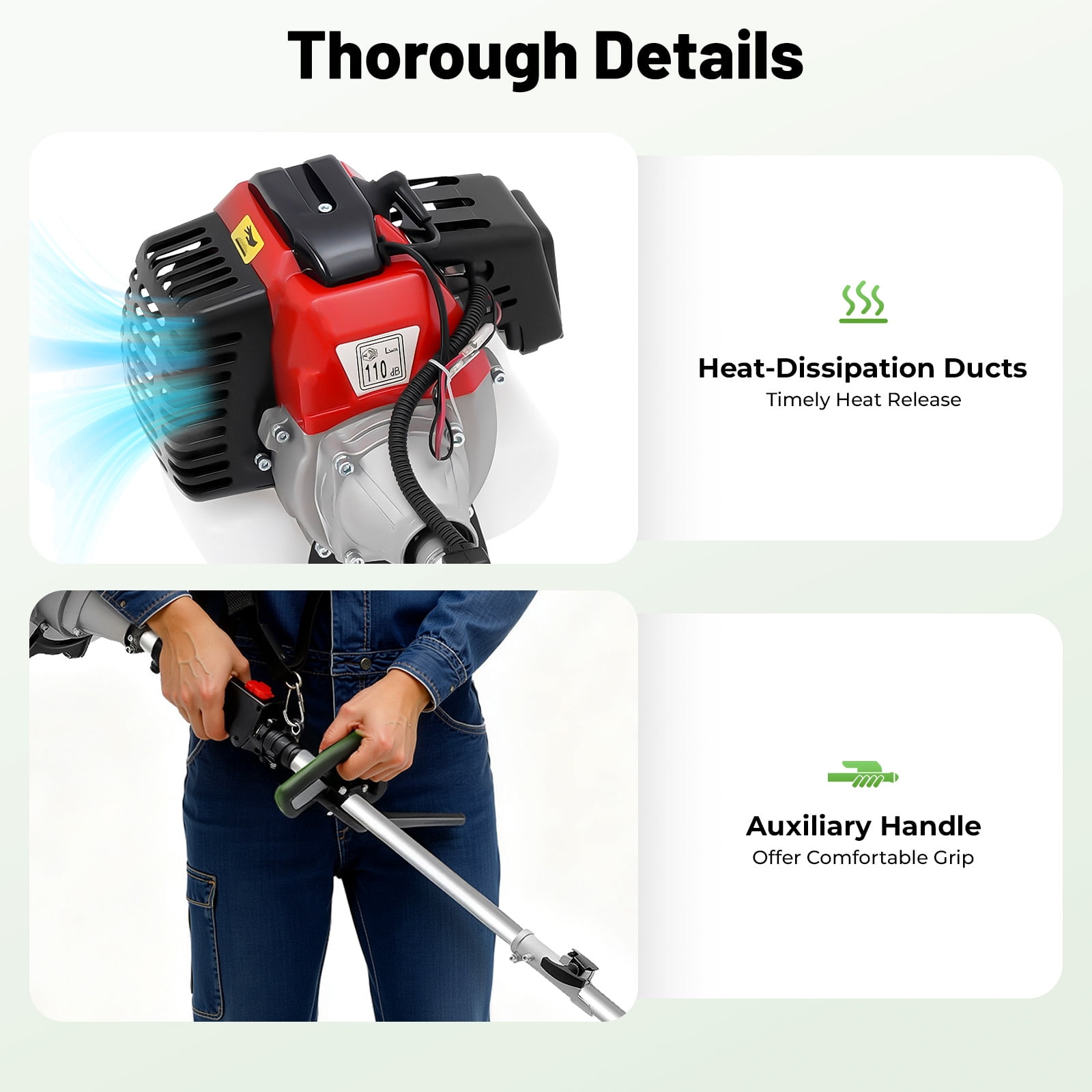 52CC 2-Stroke Gas Multi-Trimmer, 8500r/Min 0.9Qt Tank Capacity Detachable Gasoline Power Garden Lawn Aluminum Brush Cutter String Trimmer w/7 Heads