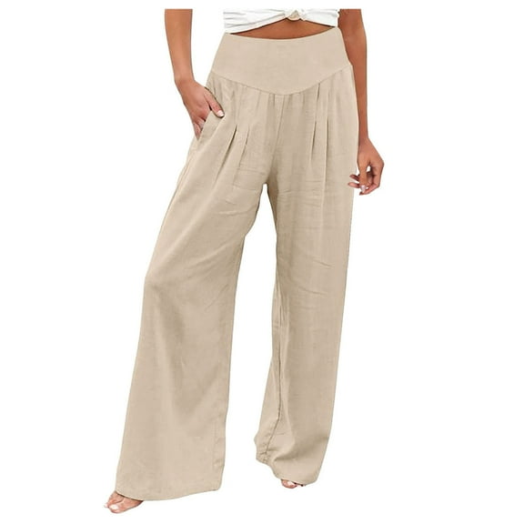 Bjutir Womens Pants Wide Leg Pants Summer Casual High Waisted Palazzo Pants Baggy Beach Trousers With Pocket Beige L