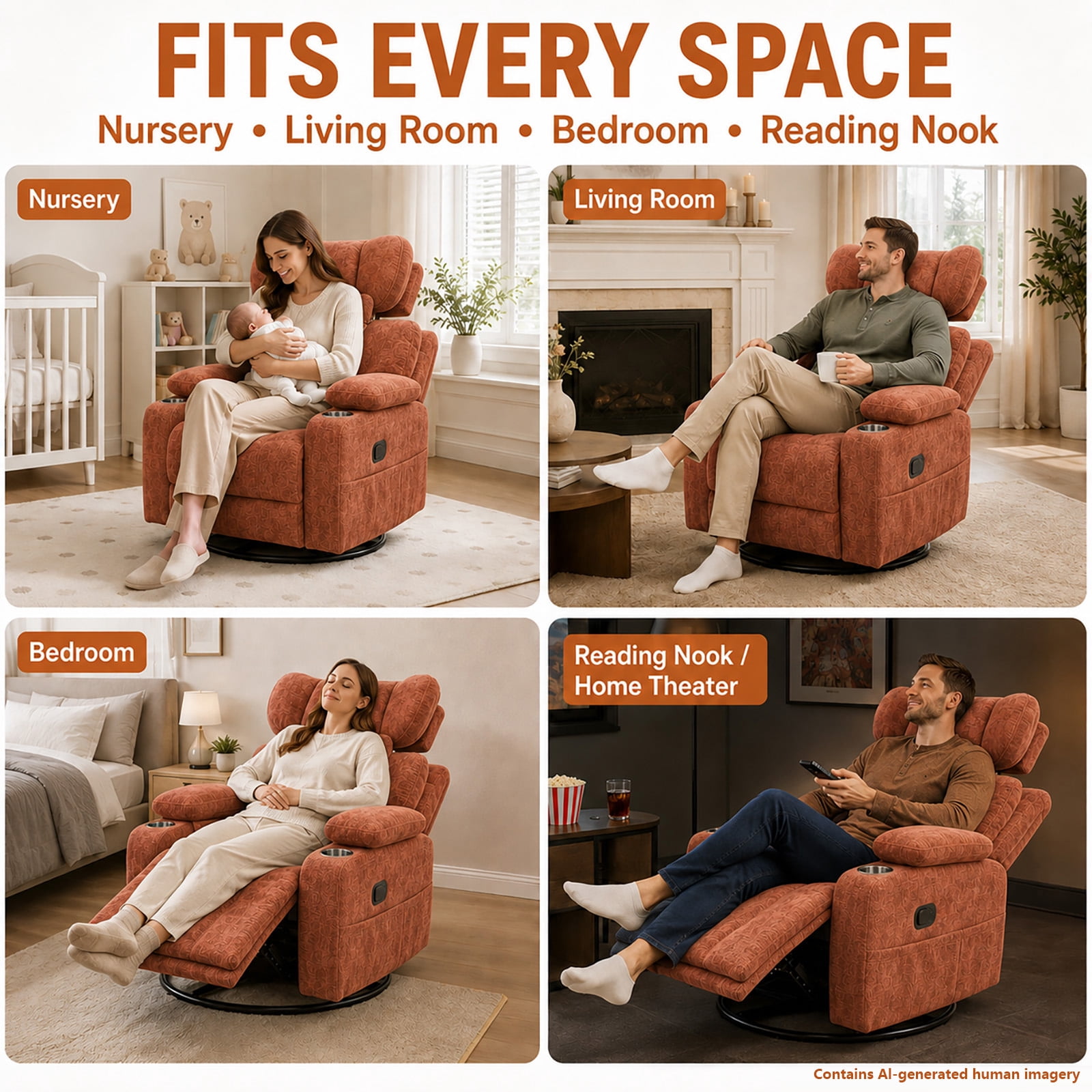 Leumius 360° Swivel Recliner Chair, Single Recliner with Adjustable Detachable Neck Pillow Ergonomic and Cup Holders, 300lbs Capacity Versatile Lounge Chair for Living Room Bedroom Home Theater