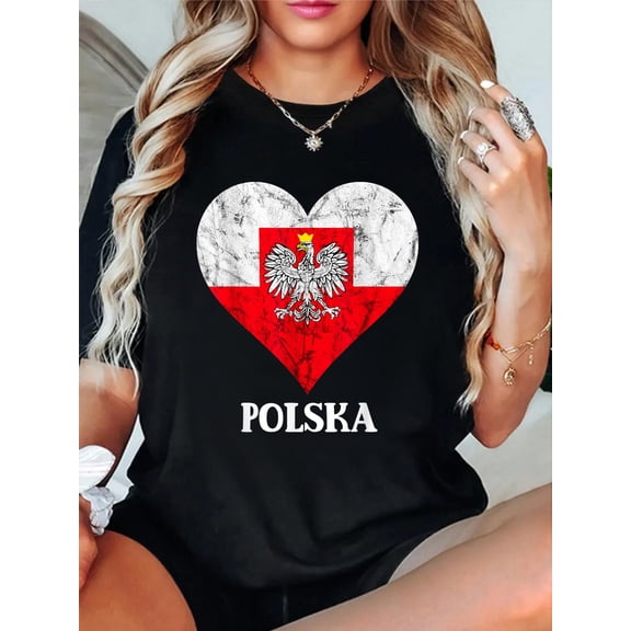 Polska Heart Poland Flag Polish Roots Poland Travel T-Shirt casual short sleeve crew neck cotton tee tops for women
