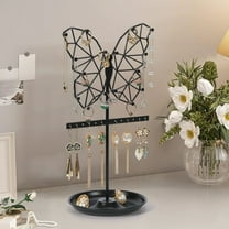 Jewelry Display Rack Metal Organizer Stand | Hanging Earring Necklace Bracelet Holder | Vertical Storage Tree - Black Gold | Butterfly Cloud Heart Designs | 14x35cm | For Vanity Dresser | 1 Piece