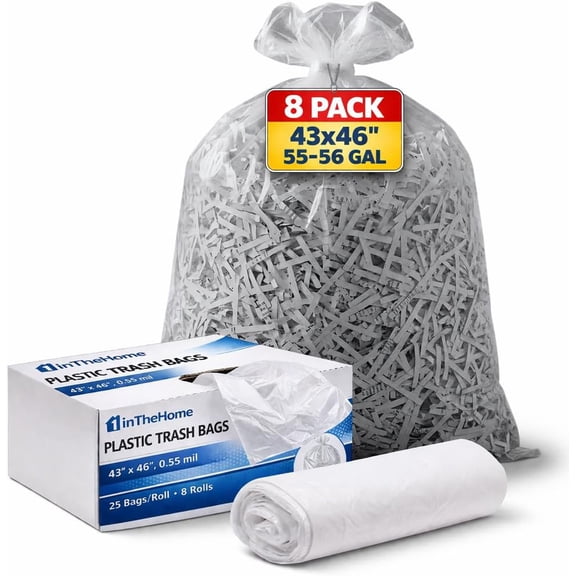 1InTheHome Clear Trash Bags, 43" x 46", 0.55 Mil, 55-56 Gallon Heavy Duty, Disposable for Recycling, Office, Waste, Shredder & Storage, 25 Bags Per Roll (8 Packs / 200 Total)