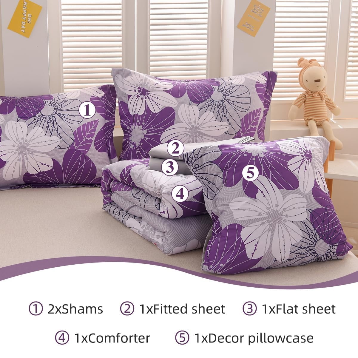 Btargot 6PCS Purple Floral Comforter Sets King Flower Bedding Set Adult Botanical Boho Bed-in-a-Bag