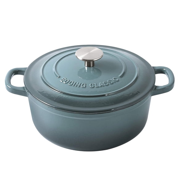 Horno holandés de 5.5 cuartos con cubierta de hierro fundido esmaltado con bordes y doble asa, color azul pizarra
