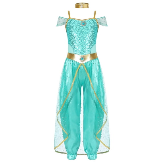 YUUMIN Kids Girls Arabian Princess Belly Dancewear Sequins Off Shoulder One Piece Jumpsuits for Party Light Green 14