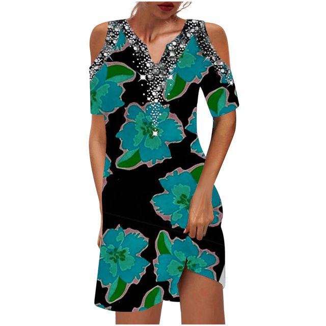 Mini vestido de manga corta con estampado de cuello en V Sexy informal para mujer a la moda Fridja bnh4867