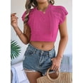 thumbnail image 4 of Womens Cable Knit Crop Cap Sleeve Crew Neck Slim Fit Solid Color Stretchy Summer Short Sleeve Sweater Rose Red L, 4 of 8