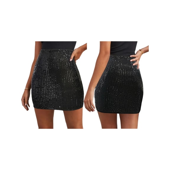 Women'S Sequin Mini Skirt Sparkle High Waisted Giltter Shiny Bodycon Skirts for Night Out Party Black S