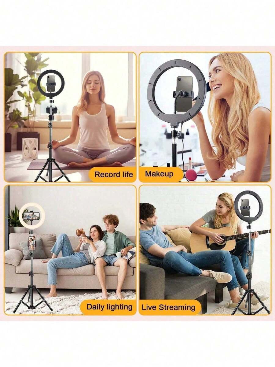 10 Inch LED Ring Light with 43" Tripod, 2 Phone Holders, 3 Color Modes, Adjustable Brightness, USB Powered for Live Streaming, Video Conferencing, Selfies, Makeup -Includes Flexible Tripod & 2 Stands