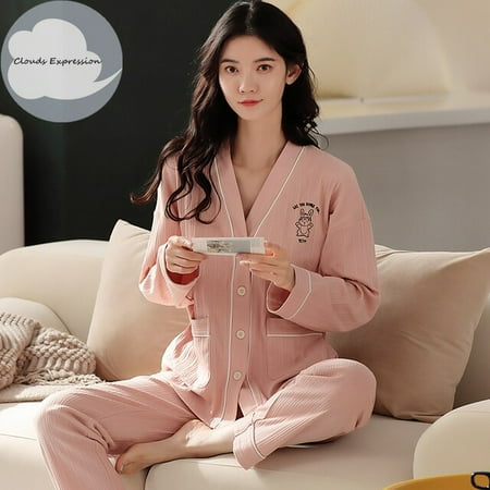 

QWZNDZGR Spring Autumn Brand Knitted Cotton Sleepwear Elegant Women Pajama Sets Sleep&Lounge Plaid Pajamas Women s Fashion Home Clothing