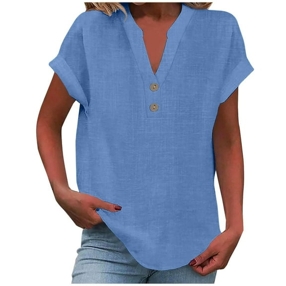 Luvrsol Blouses for Women Plus Size Short Sleeved Cotton and Linen Solid Button Shirt Female-Neck Loose T-shirt Blouse, Size S-5XL