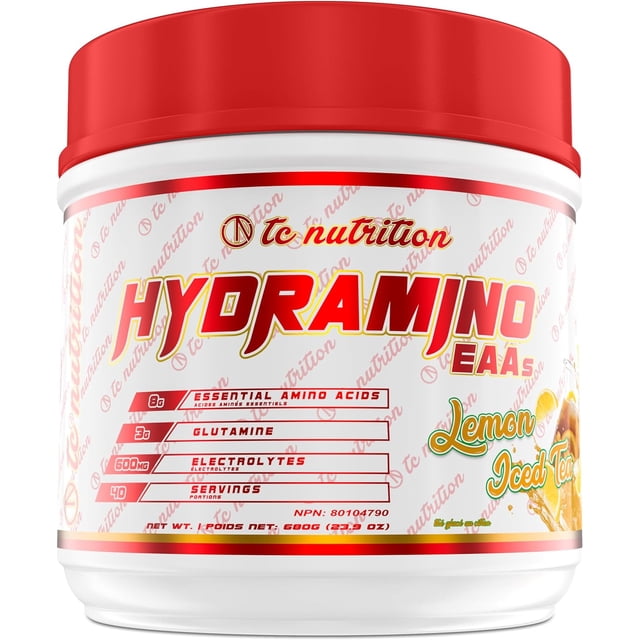 TC Nutrition Hydramino EAA + BCAA Powder - Essential Amino Acids Supplement w/ Glutamine and Electrolyte Powder For Max Recovery, Energy, Strength, and Hydration | 40 Servings (Vegan, Lemon Iced Tea)
