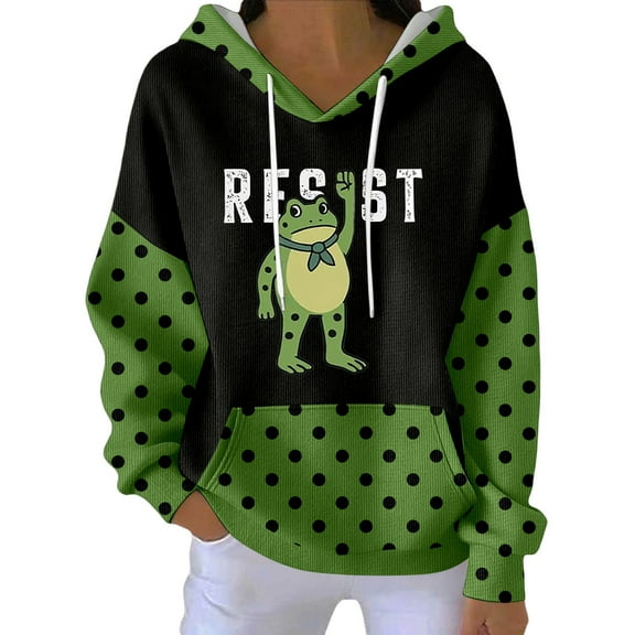 Womens Hoodies Resist Frog Polka Dot Print Drawstring Long Sleeve Sweatshirts Lightweight Casual Loose Fit Tops with Pocket