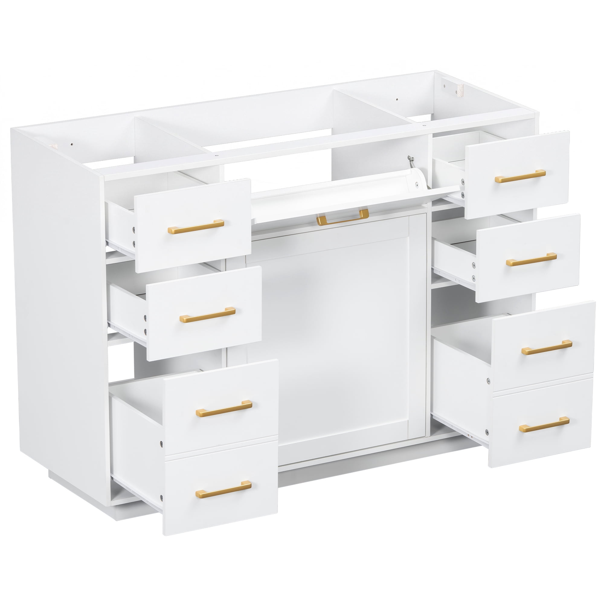 48" Bathroom Vanity without Sink, Cabinet Base Only, Bathroom Cabinet with 6 Pull-Out Drawers, 1 Tip-Out Drawer and 1 Door, Soft-close Hinges, Smooth Painted Finish, Sturdy Construction, White