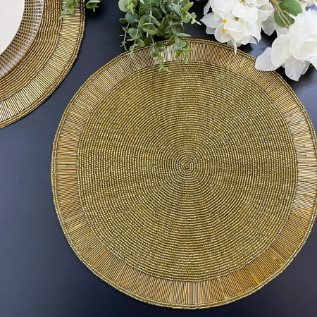 

Enliven Handmade bead placemat Golden living room table decoration beaded tablemat