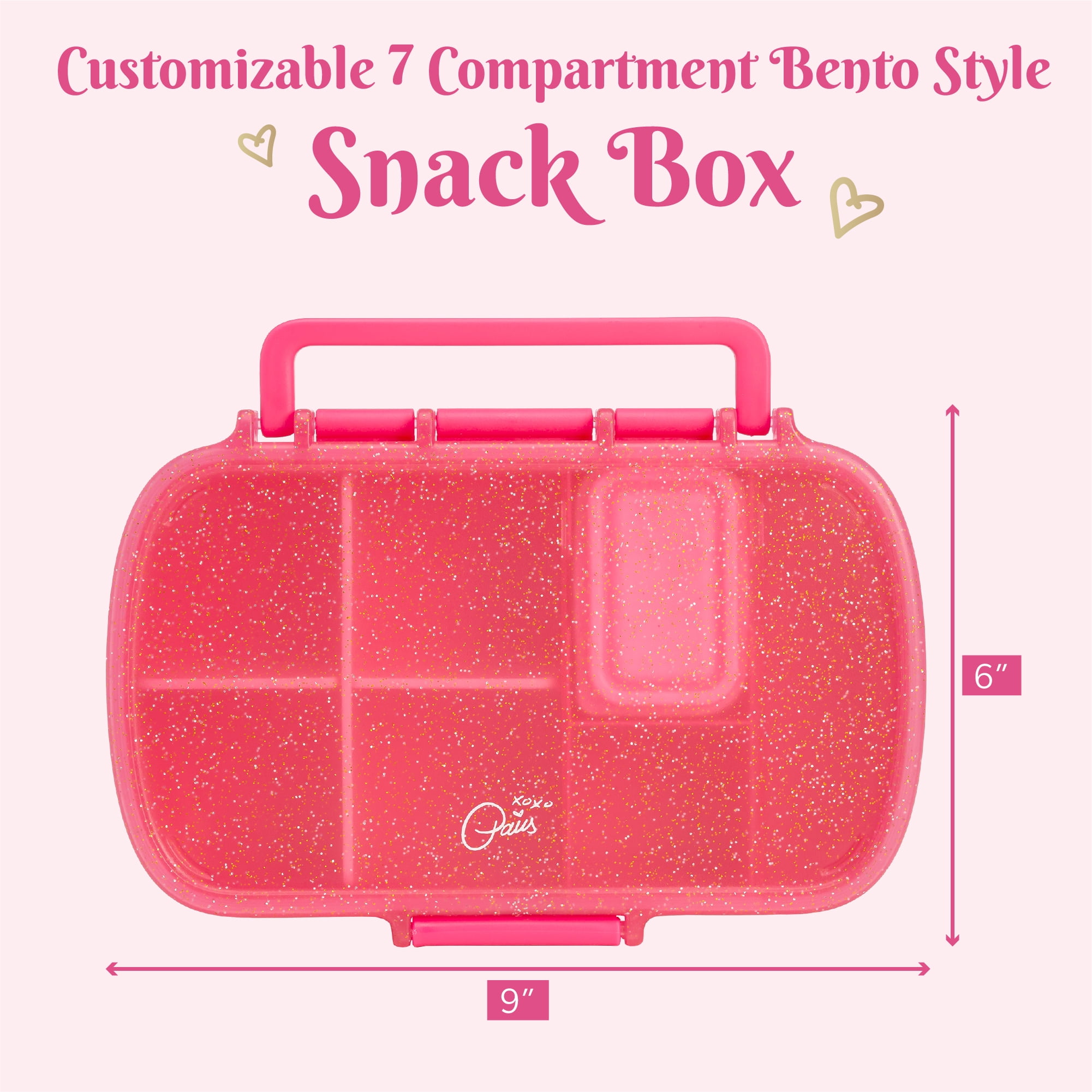 Paris Hilton Plastic Bento Box, Glitter Infused Lid, Customizable Compartments, Hot Pink