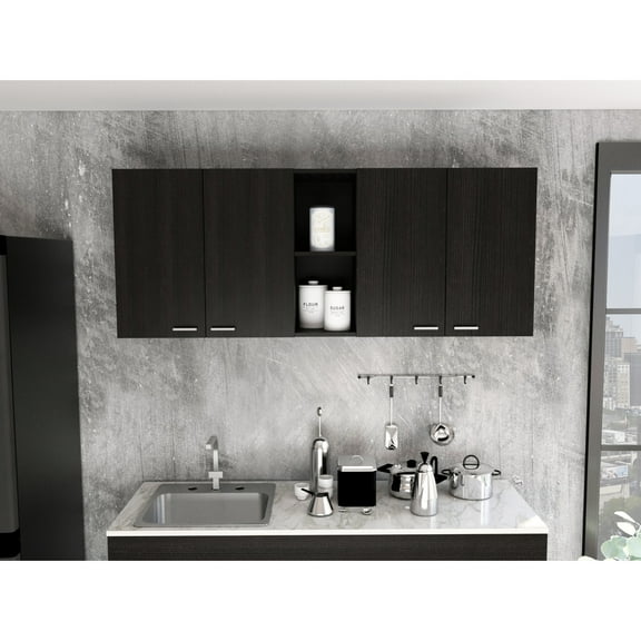 Black Particleboard 150" Wall Cabinet For Kitchen Storage Industrial With Two Shelves, Functional