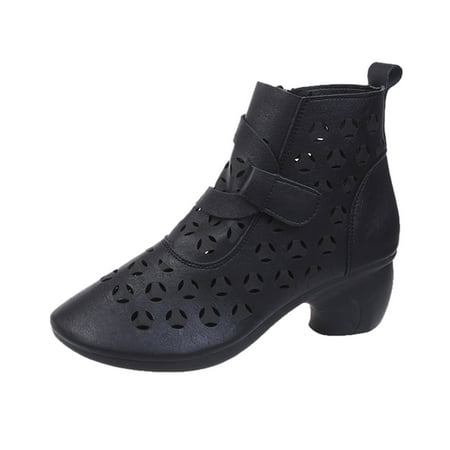 

ZIZOCWA Womans Shoes Womens Winter Boots Wide Width Ladies Fashion Solid Color Leather Hollow Comfortable Zipper Chunky Heel Booties Woman Rain Shoes