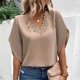 thumbnail image 2 of Blusa de encaje con cuello en V para mujer, manga corta, cómoda, transpirable, camiseta de manga corta, color caqui S, 2 of 5