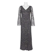 Adrianna Papell V-Neck Long Sleeve Embellished Zipper Back Mesh Dress-MOONSCAPE / 10