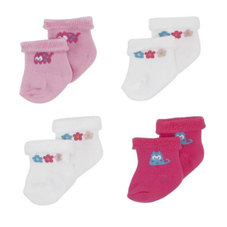 Gerber Girls' Terry Bootie Socks, 0-3M, 4-Pack