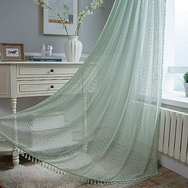 Zhuge Cortina de algodón con encaje de crochet para ventana, estilo rústico, con borlas, bolsillo para varilla, semitransparente, 1 pieza (verde, 59 x 71 pulgadas)