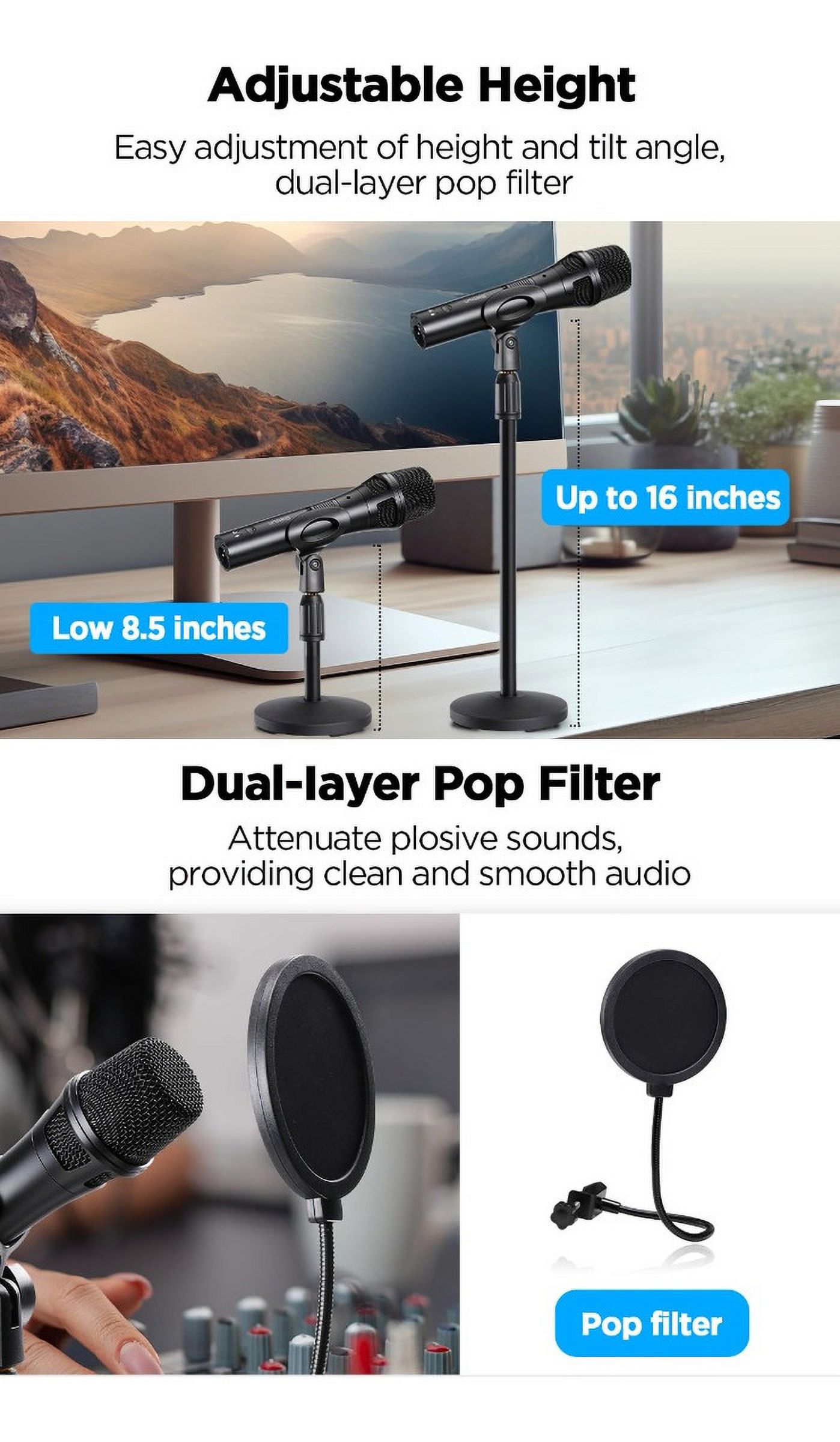 Dynamic Microphone XLR/USB-C for Recording/Singing, Hypercardioid?Noise Rejection, Mic Gain, with Desktop Stand, Pop Filter, Headphone Jack, for Mac, PC, Audio Interface for Podcast, Studio, Singing