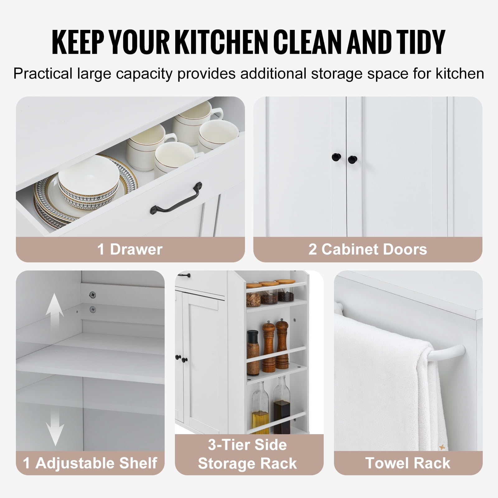 KFFKFF Rolling Kitchen Island Cart, 32" Kitchen Storage Cart with Countertop and Drawer, Movable Table featuring Power Socket, Herb Holder, Towel Hanger, Modifiable Shelf, Drawer,Wheel-Mounted, White