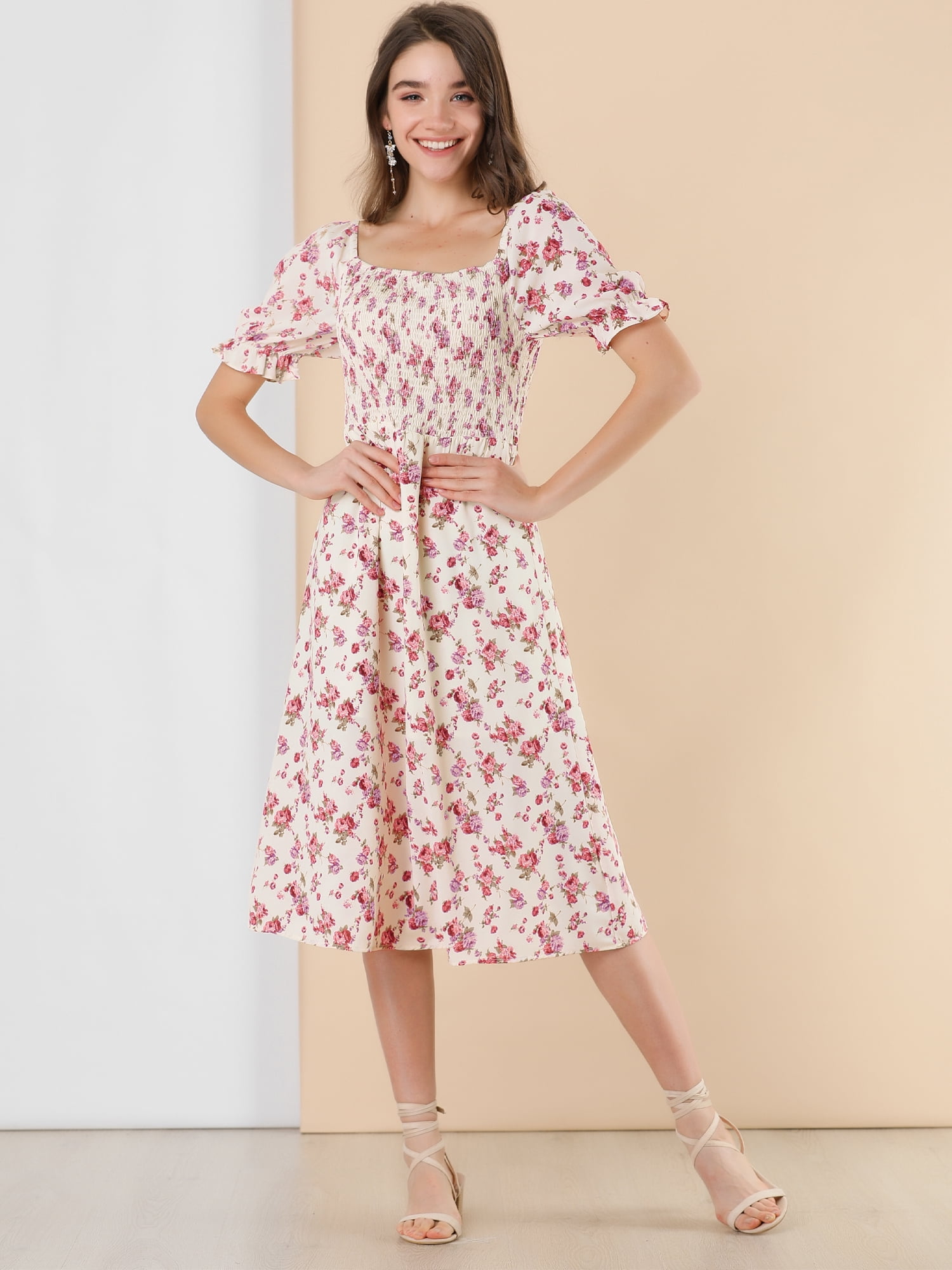DARING DIVA Women's Cottagecore Floral Dress Puff Sleeves Smocked Dresses 3XL Beige