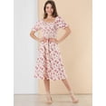 thumbnail image 2 of Vestido floral midi fruncido informal con mangas abullonadas y cuello cuadrado para mujer Beige M, 2 of 6