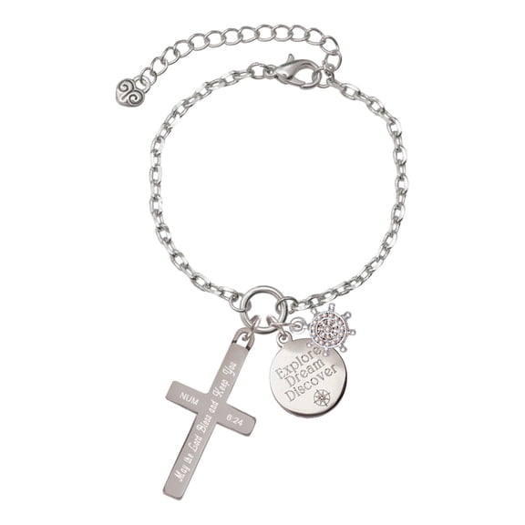 Delight Jewelry Stainless Steel Numbers 6:24 - Bless and Keep You Engraved Cross - Silvertone Discover Dream Explore Zoey Charm Bracelet, 6.5 2" Extender