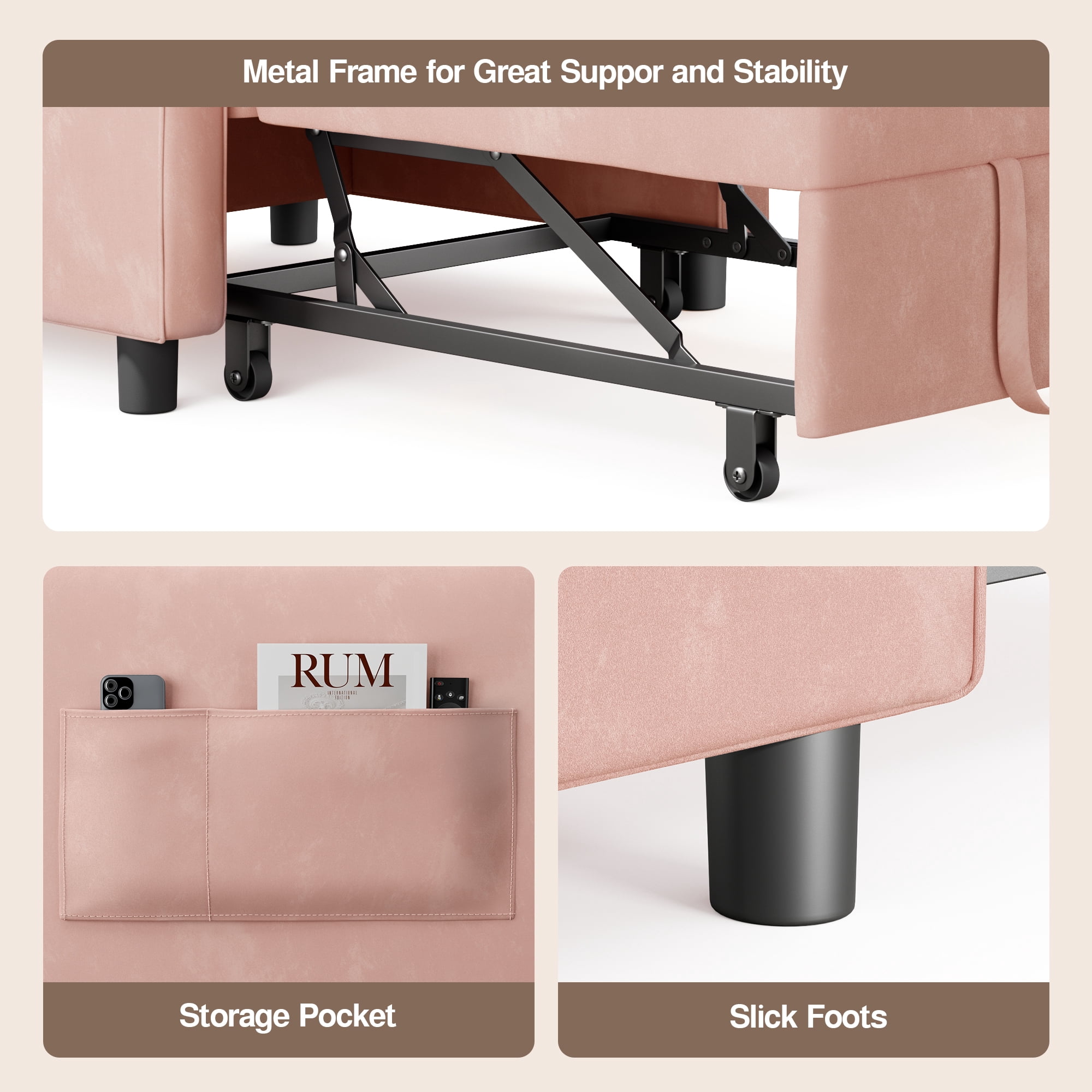 3-in-1 Convertible Sleeper Chair, Lightweight Foldable Sofa Bed for Small Spaces, Linen Upholstery, Pink